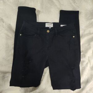 Frame Denim Le Skinny de Jeanne Black Distressed Designer Skinny Jeans Size 28